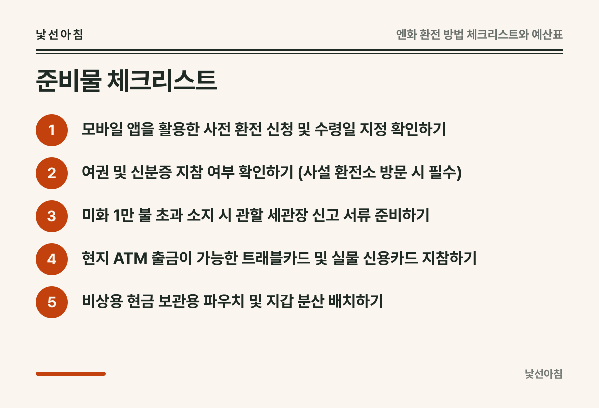 준비물 체크리스트 요약 카드: 모바일 앱을 활용한 사전 환전 신청 및 수령일 지정 확인하기, 여권 및 신분증 지참 여부 확인하기 (사설 환전소 방문 시 필수), 미화 1만 불 초과 소지 시 관할 세관장 신고 서류 준비하기, 현지 ATM 출금이 가능한 트래블카드 및 실물 신용카드 지참하기